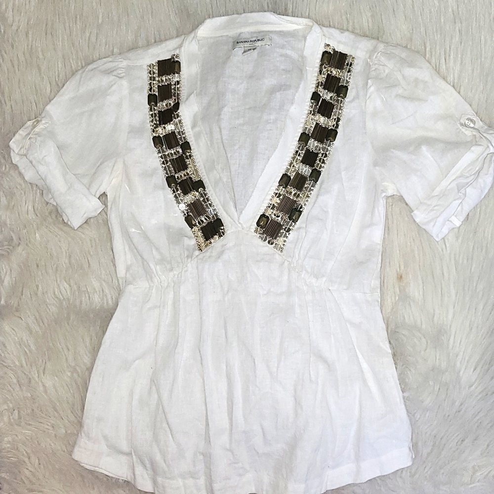Banana Republic White XS Line Blouse with Gold & Bronze Embellishments